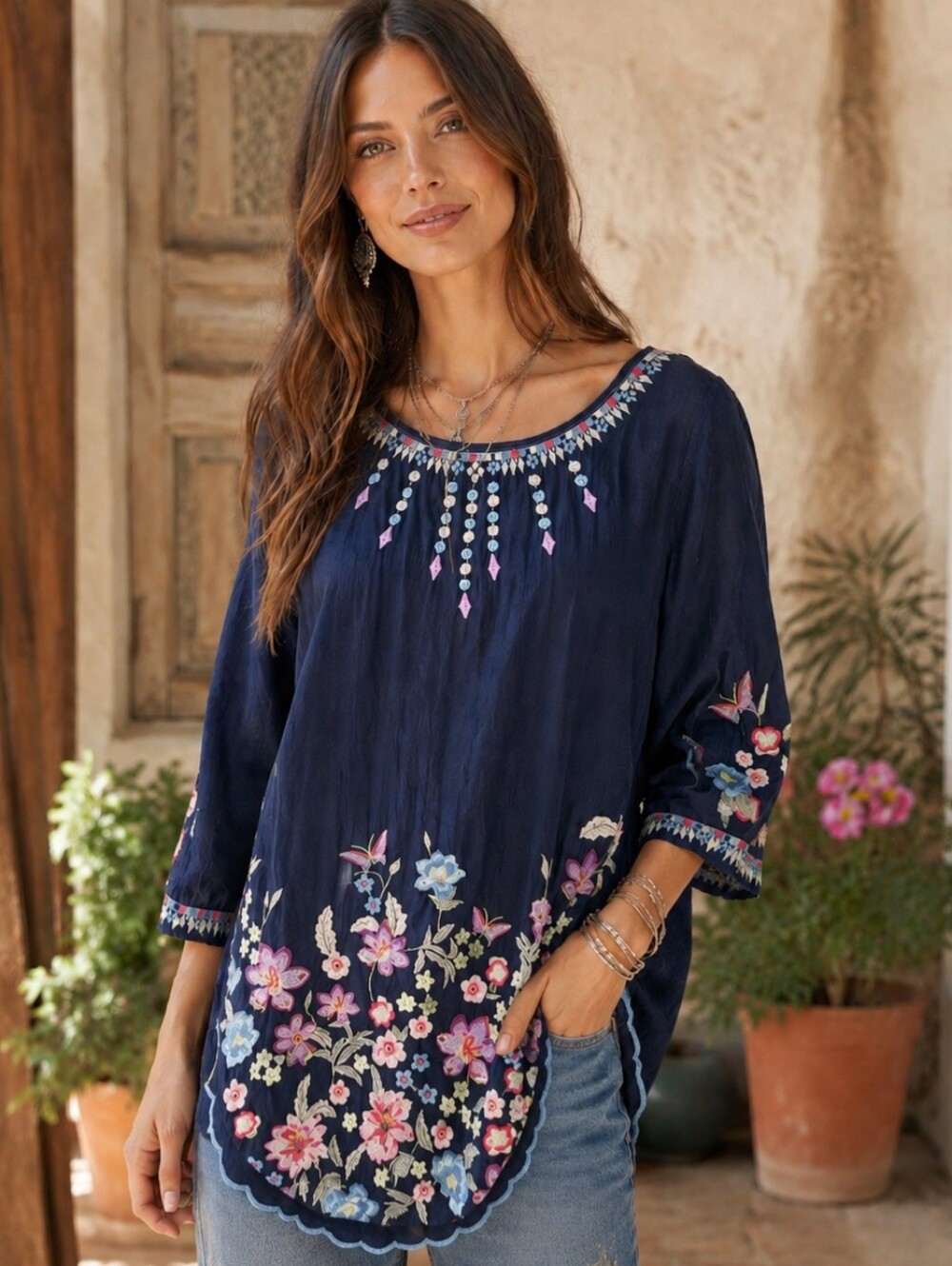 Johnny Was Cupro Embroidered Tunic Blue Size XS Butterfly Floral Bohemian